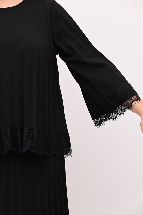 Maglia plisse pizzo - Nero