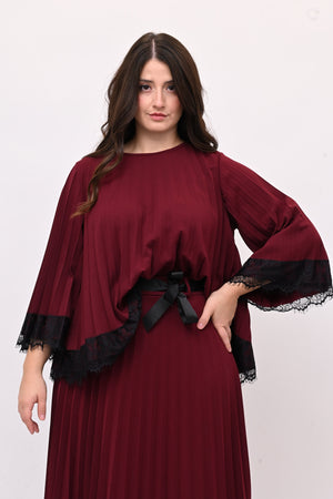 Maglia plisse pizzo - Vino