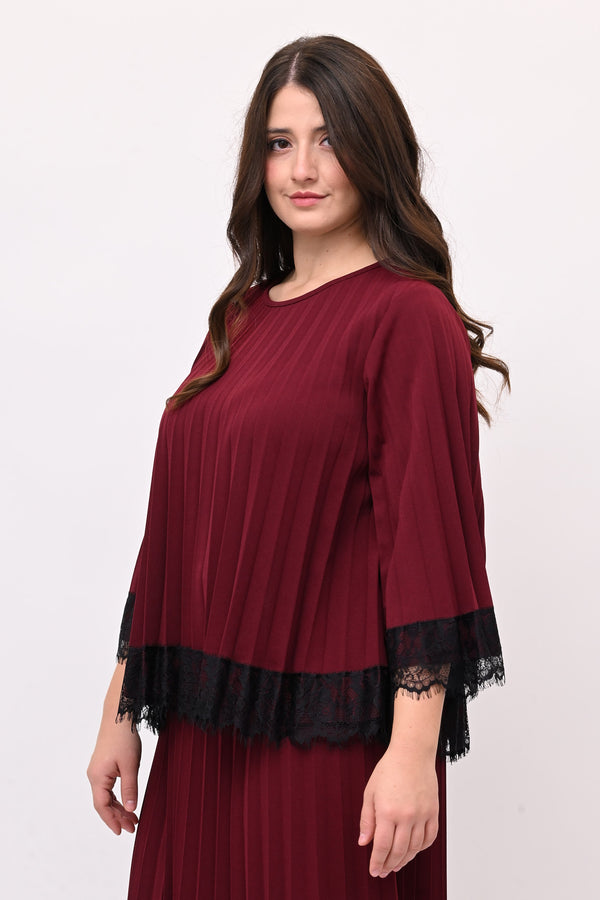 Maglia plisse pizzo - Vino