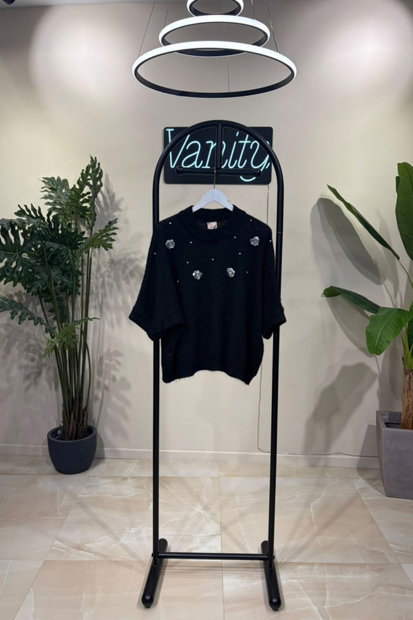 Pull mezza manica paillettes - Nero