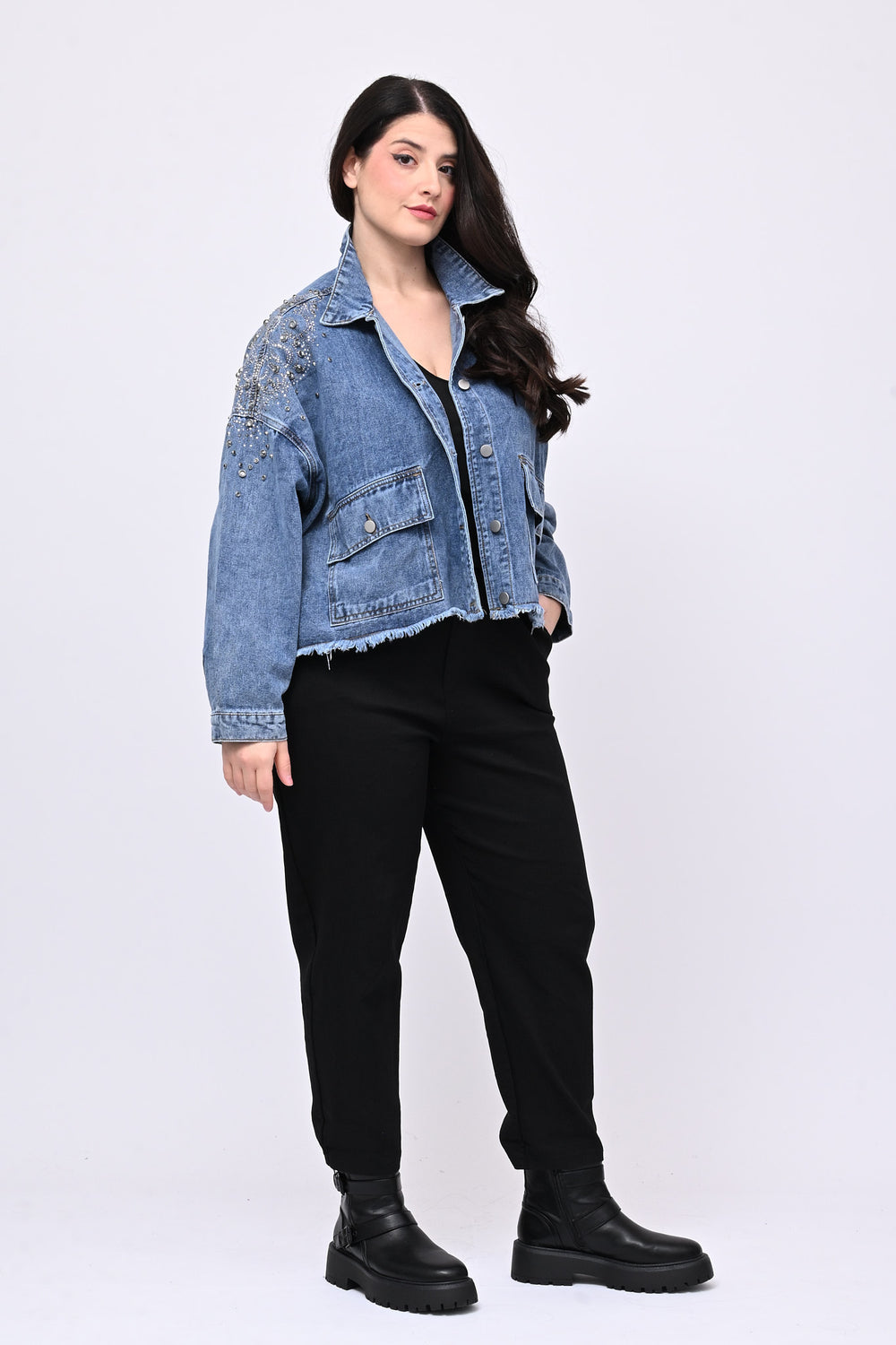 Giacca crop strass - Jeans chiaro
