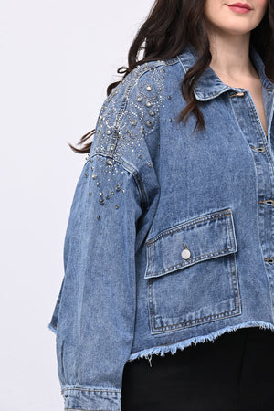 Giacca crop strass - Jeans chiaro