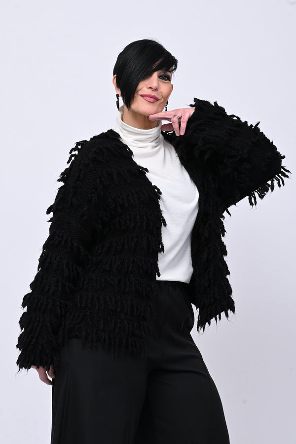 Cardigan lana frange - Nero