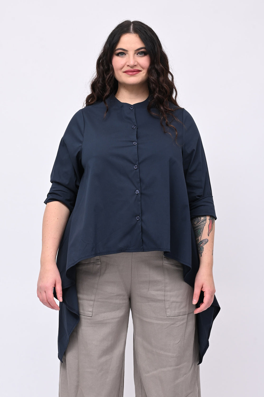 Camicia senza collo svasata - Blu