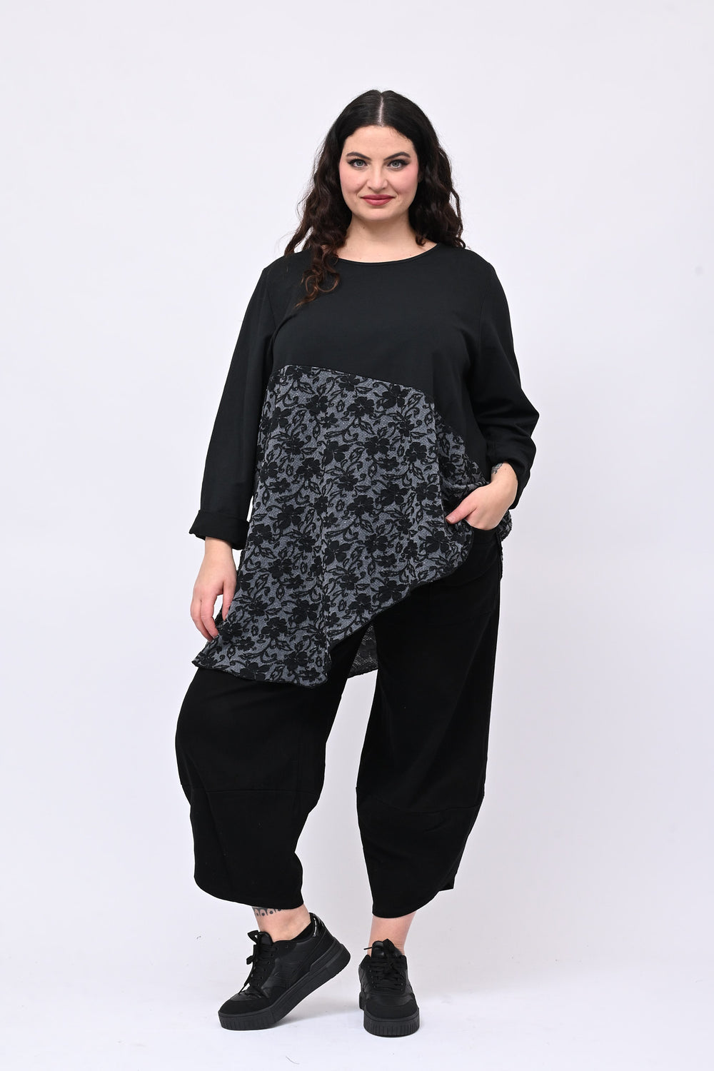 Felpa doppio tessuto fiori - Nero