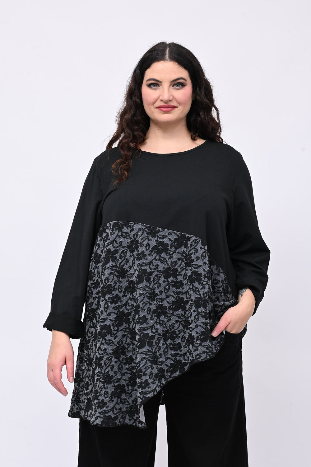 Felpa doppio tessuto fiori - Nero