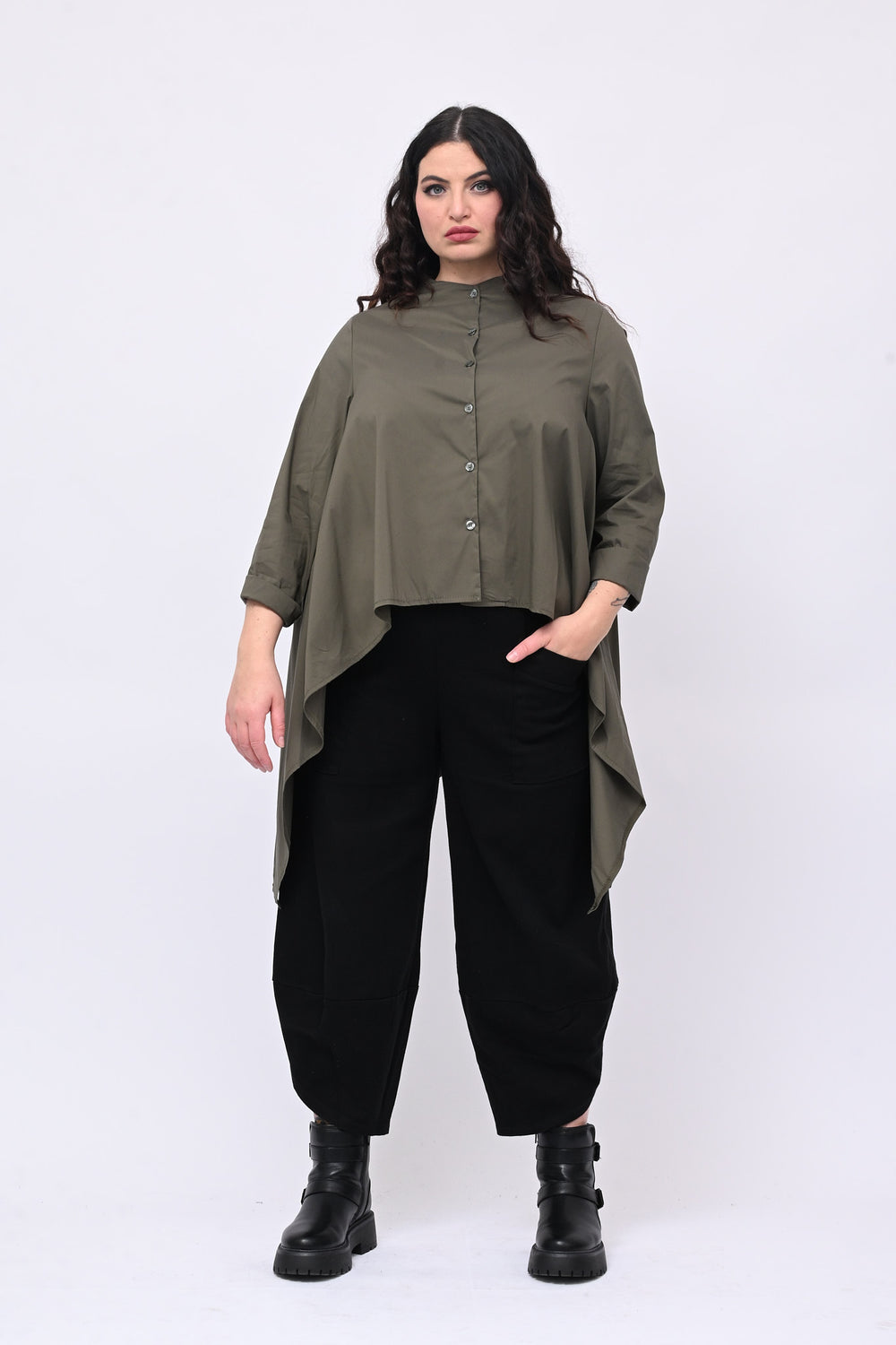 Camicia senza collo svasata - Verde militare