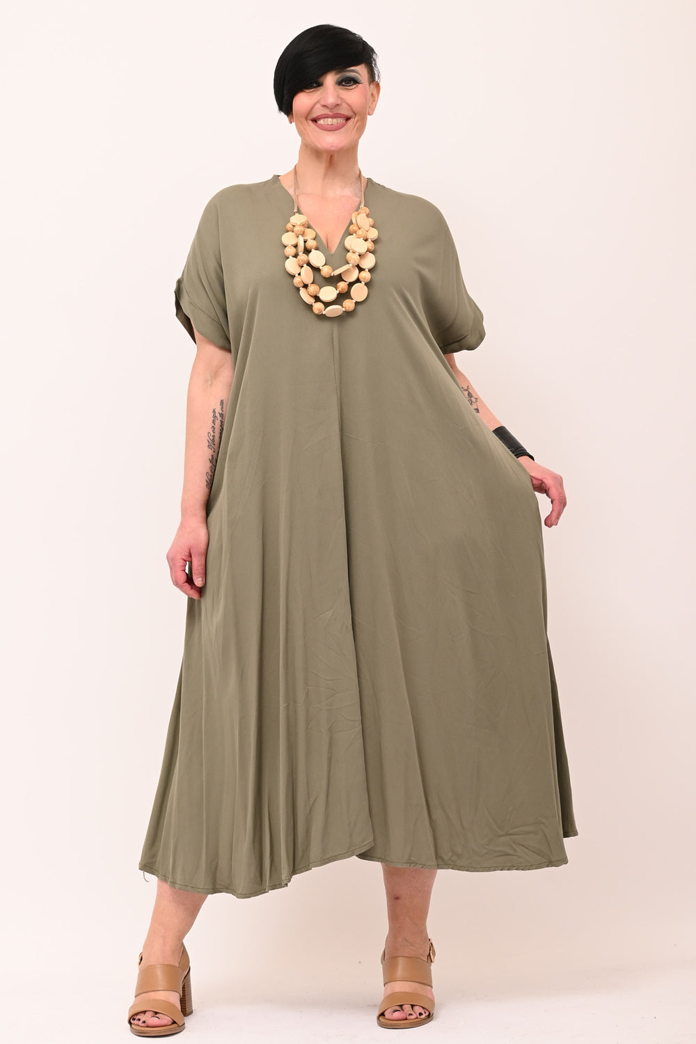 Maxi abito viscosa scollo V - Verde militare