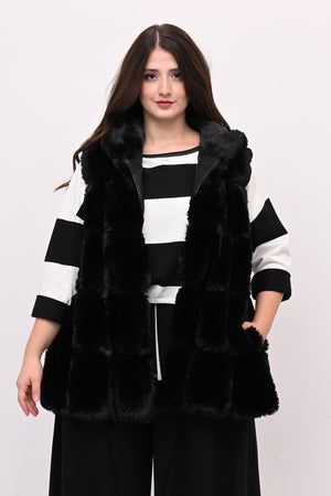 Gilet ecopelliccia cappuccio- Nero