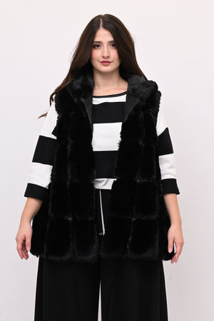 Gilet ecopelliccia cappuccio- Nero