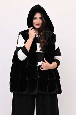 Gilet ecopelliccia cappuccio- Nero