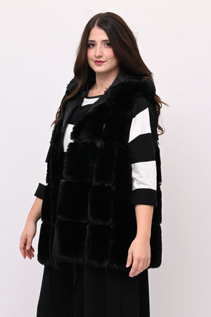 Gilet ecopelliccia cappuccio- Nero