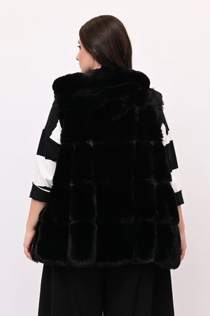 Gilet ecopelliccia cappuccio- Nero