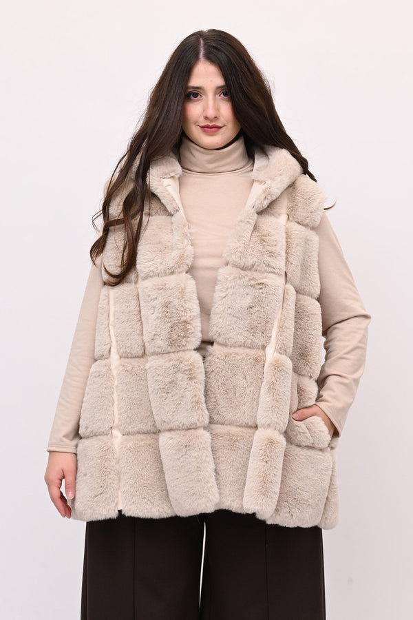 Gilet ecopelliccia cappuccio - Burro