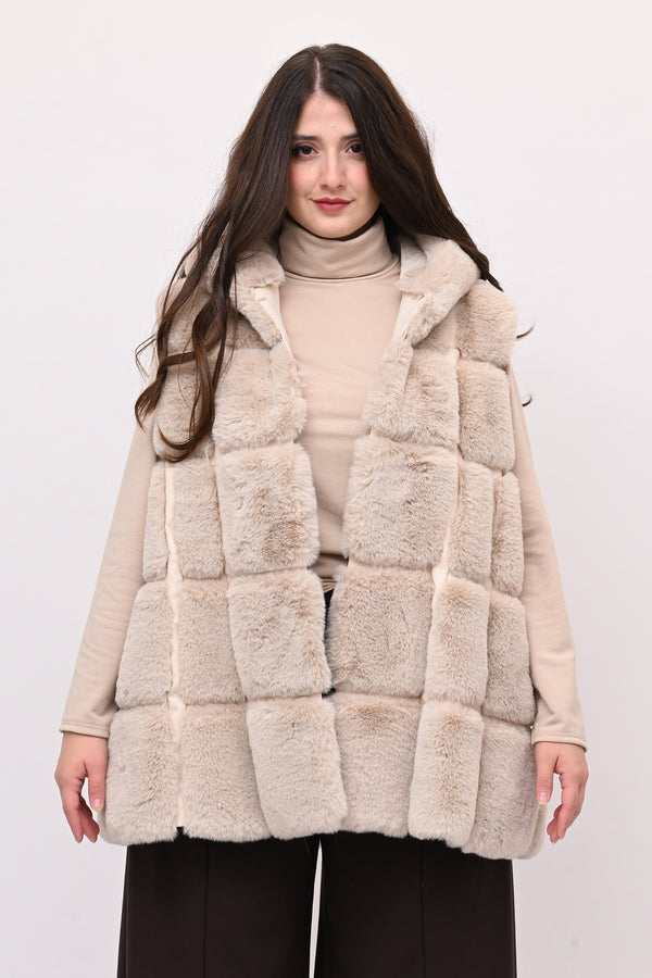Gilet ecopelliccia cappuccio - Burro