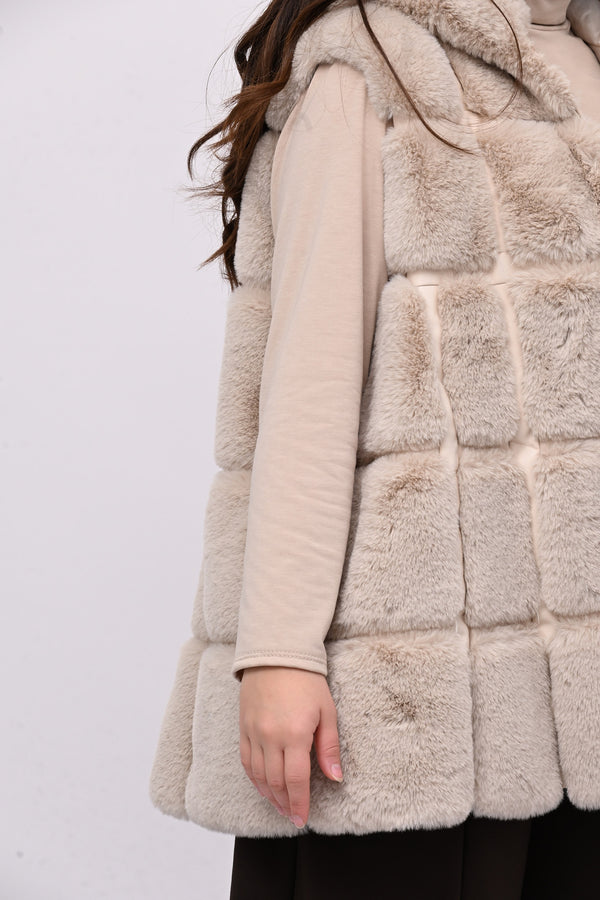 Gilet ecopelliccia cappuccio - Burro