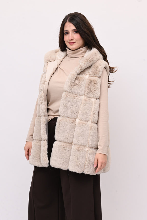 Gilet ecopelliccia cappuccio - Burro
