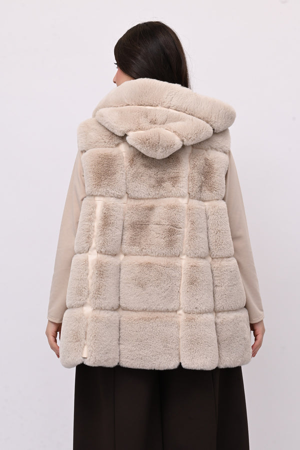 Gilet ecopelliccia cappuccio - Burro