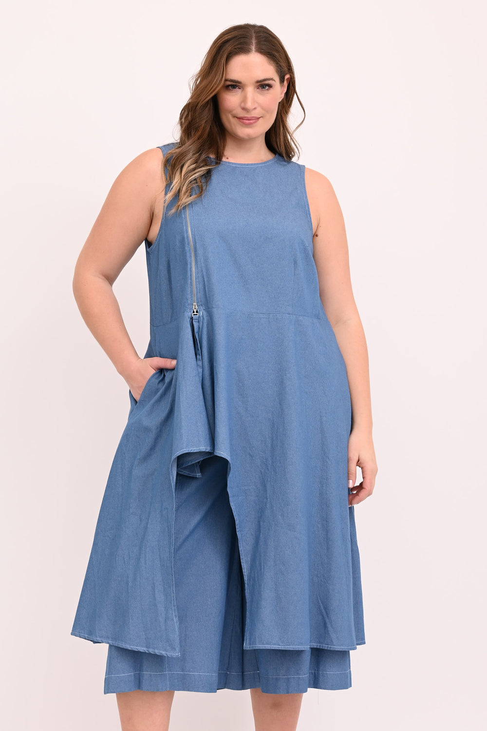 Asymmetrical chambray zip vest - Light blue