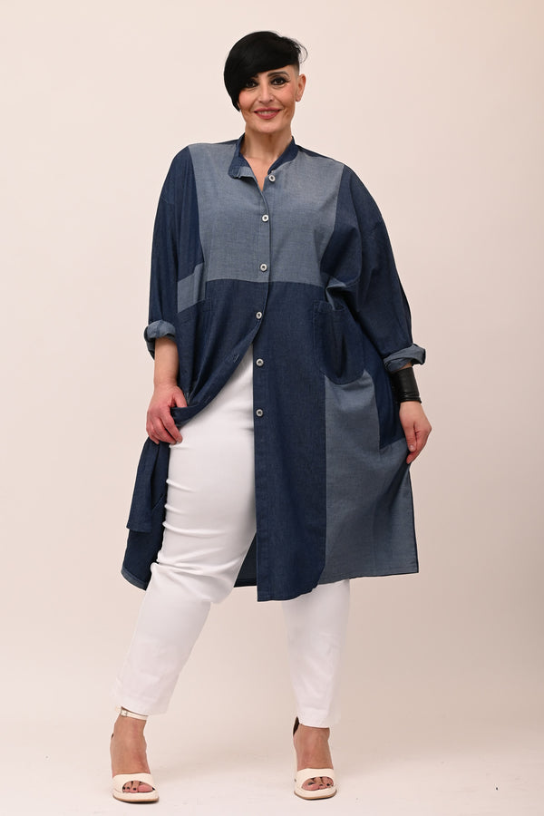 Maxi Patchwork Jeans Shirt - Blue jeans