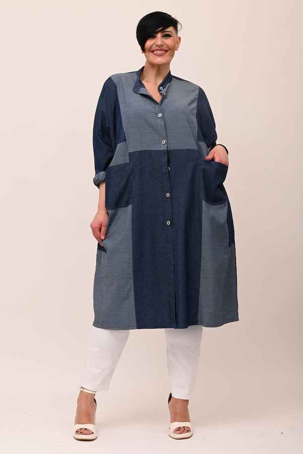 Maxi Patchwork Jeans Shirt - Blue jeans