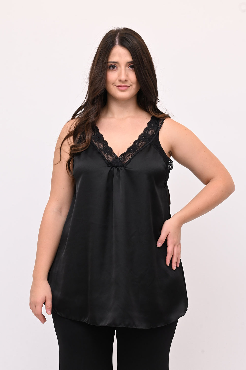 Top raso e pizzo - Nero