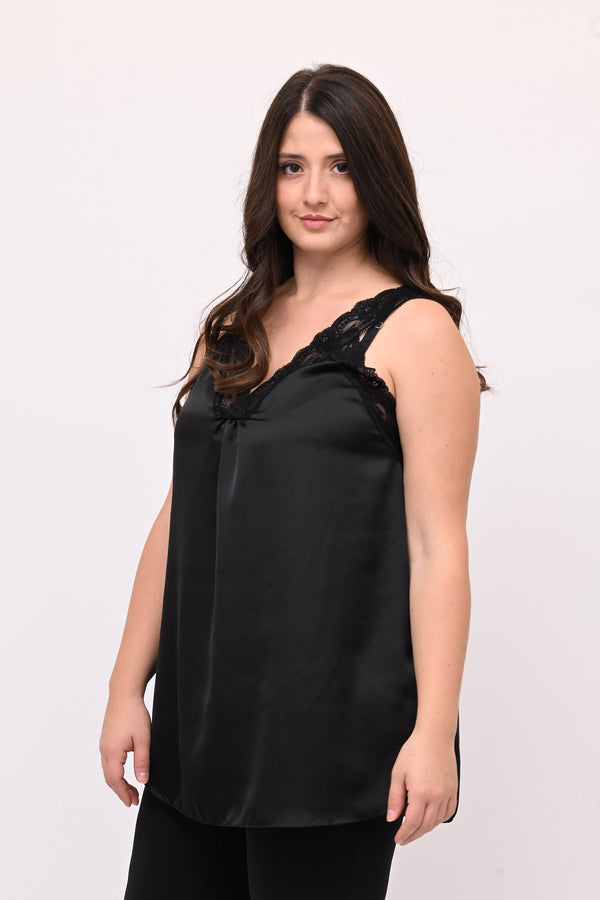 Top raso e pizzo - Nero