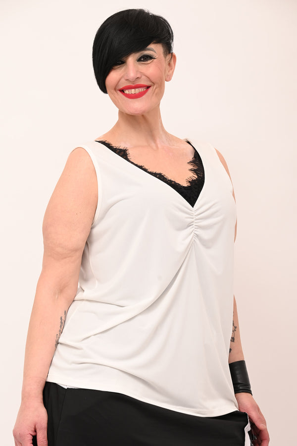 Top scollo V pizzo - Bianco