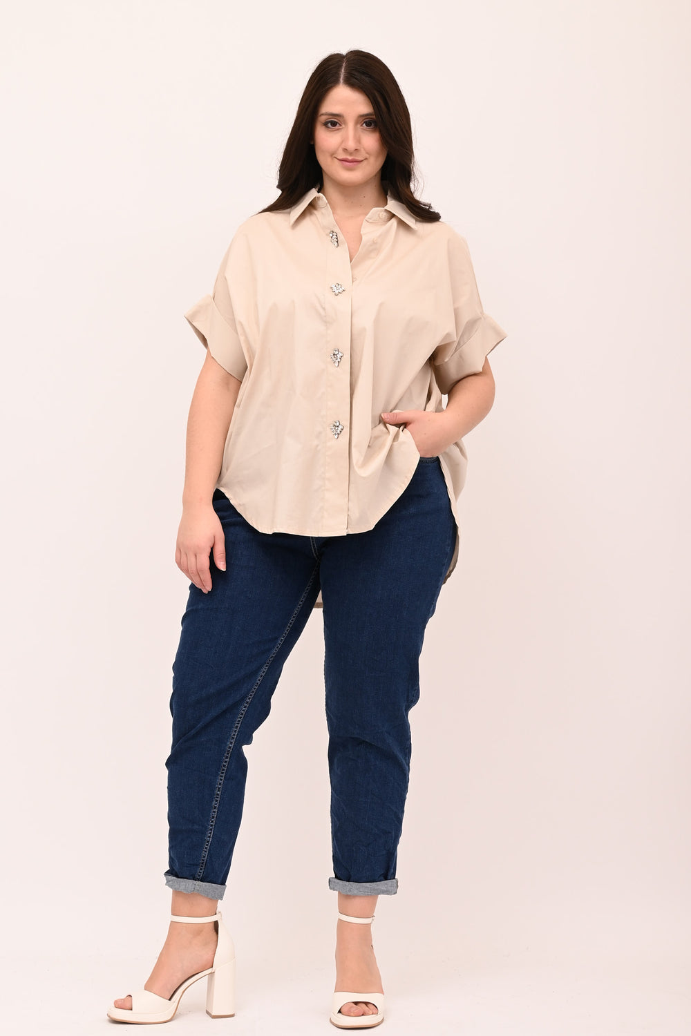 Camicia bottoni gioiello - Nocciola