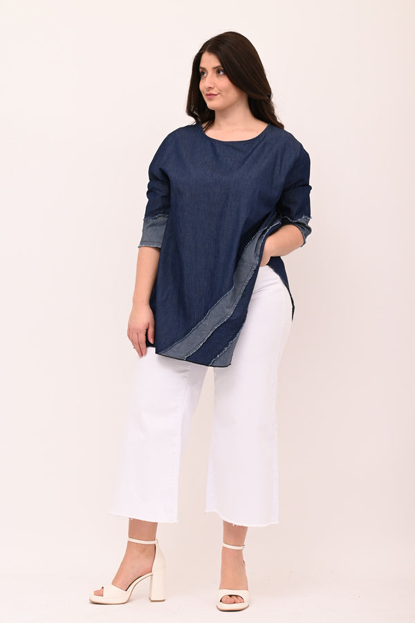 Asymmetrical jeans fringe blouse - Dark Jeans