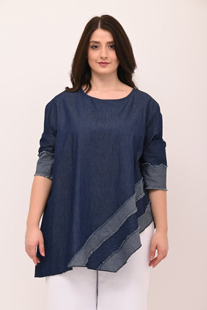 Asymmetrical jeans fringe blouse - Dark Jeans