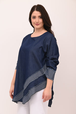 Asymmetrical jeans fringe blouse - Dark Jeans