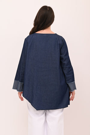 Asymmetrical jeans fringe blouse - Dark Jeans