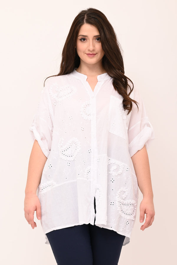 Camicia coreana sangallo - Bianco
