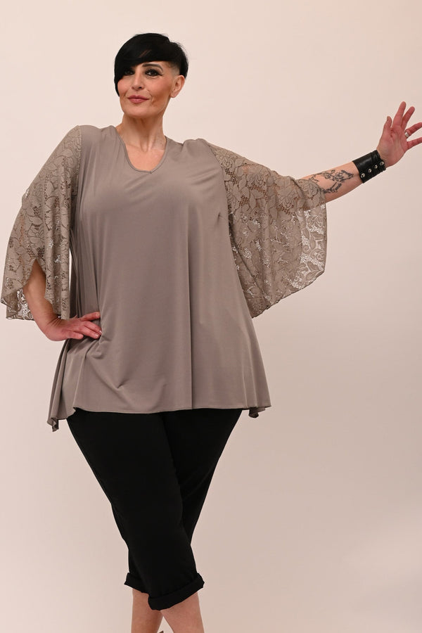 Maglia V manica pizzo petalo - Fango