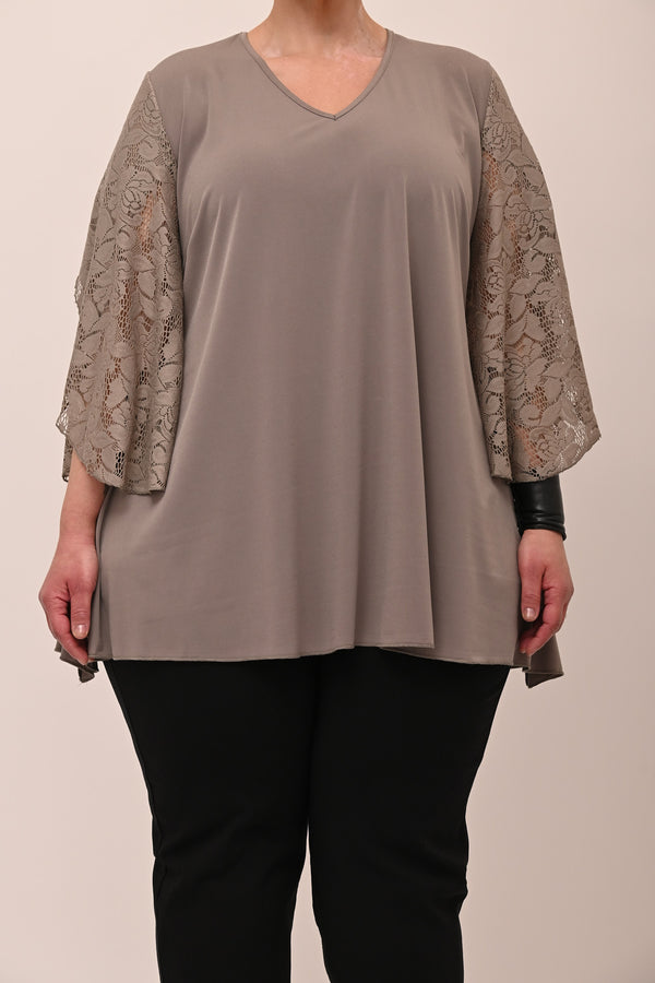 Maglia V manica pizzo petalo - Fango