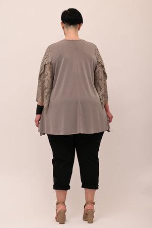Maglia V manica pizzo petalo - Fango