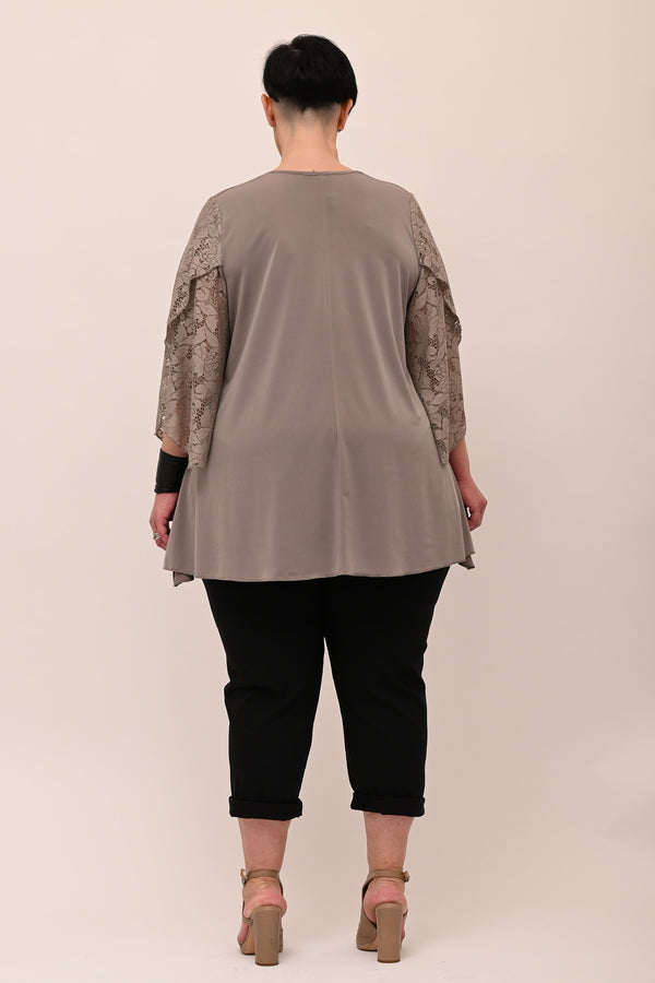 Maglia V manica pizzo petalo - Fango