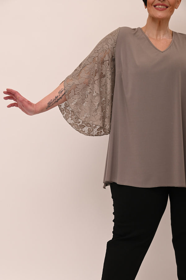 Maglia V manica pizzo petalo - Fango