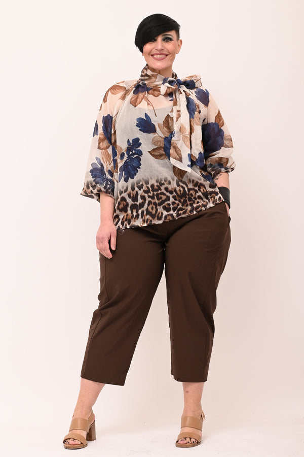 Camicia fiori fiocco collo - Blu
