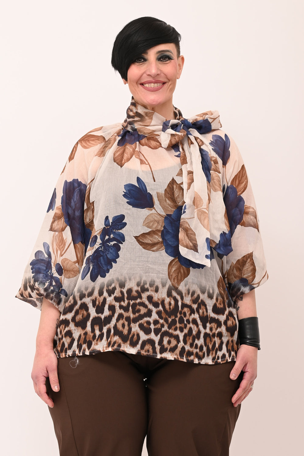 Camicia fiori fiocco collo - Blu