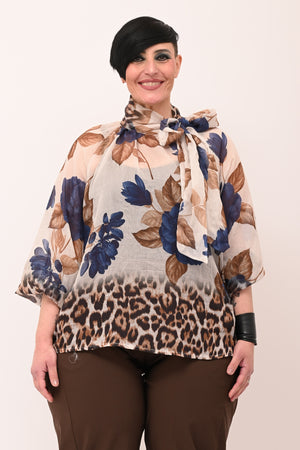 Camicia fiori fiocco collo - Blu