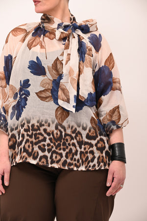 Camicia fiori fiocco collo - Blu