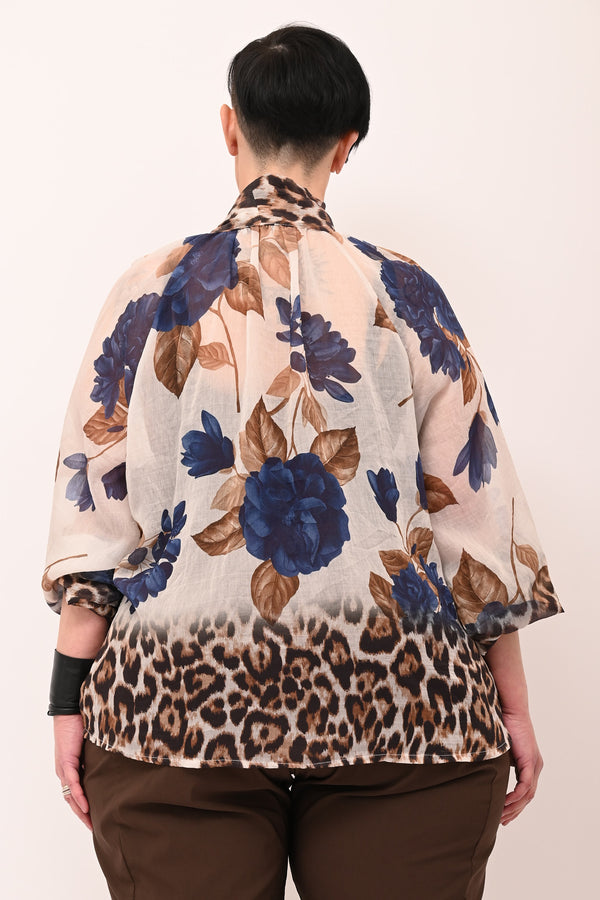 Camicia fiori fiocco collo - Blu