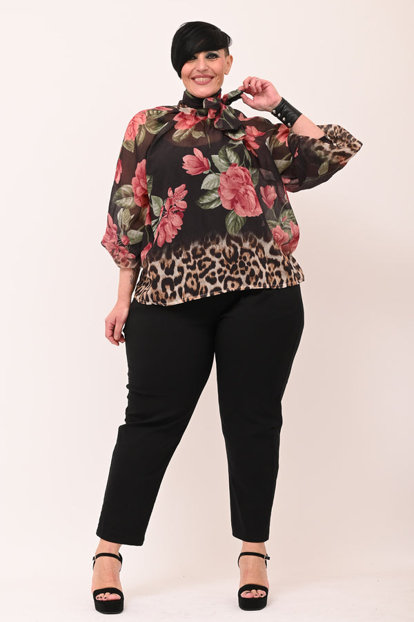 Camicia fiori fiocco collo - Nero