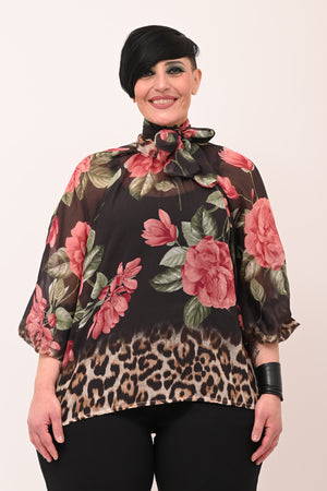 Camicia fiori fiocco collo - Nero