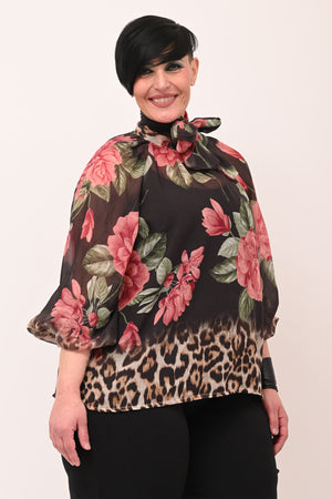 Camicia fiori fiocco collo - Nero
