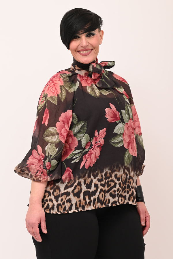 Camicia fiori fiocco collo - Nero