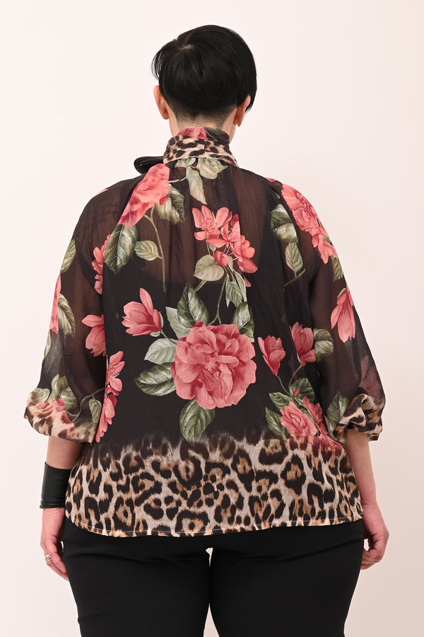 Camicia fiori fiocco collo - Nero