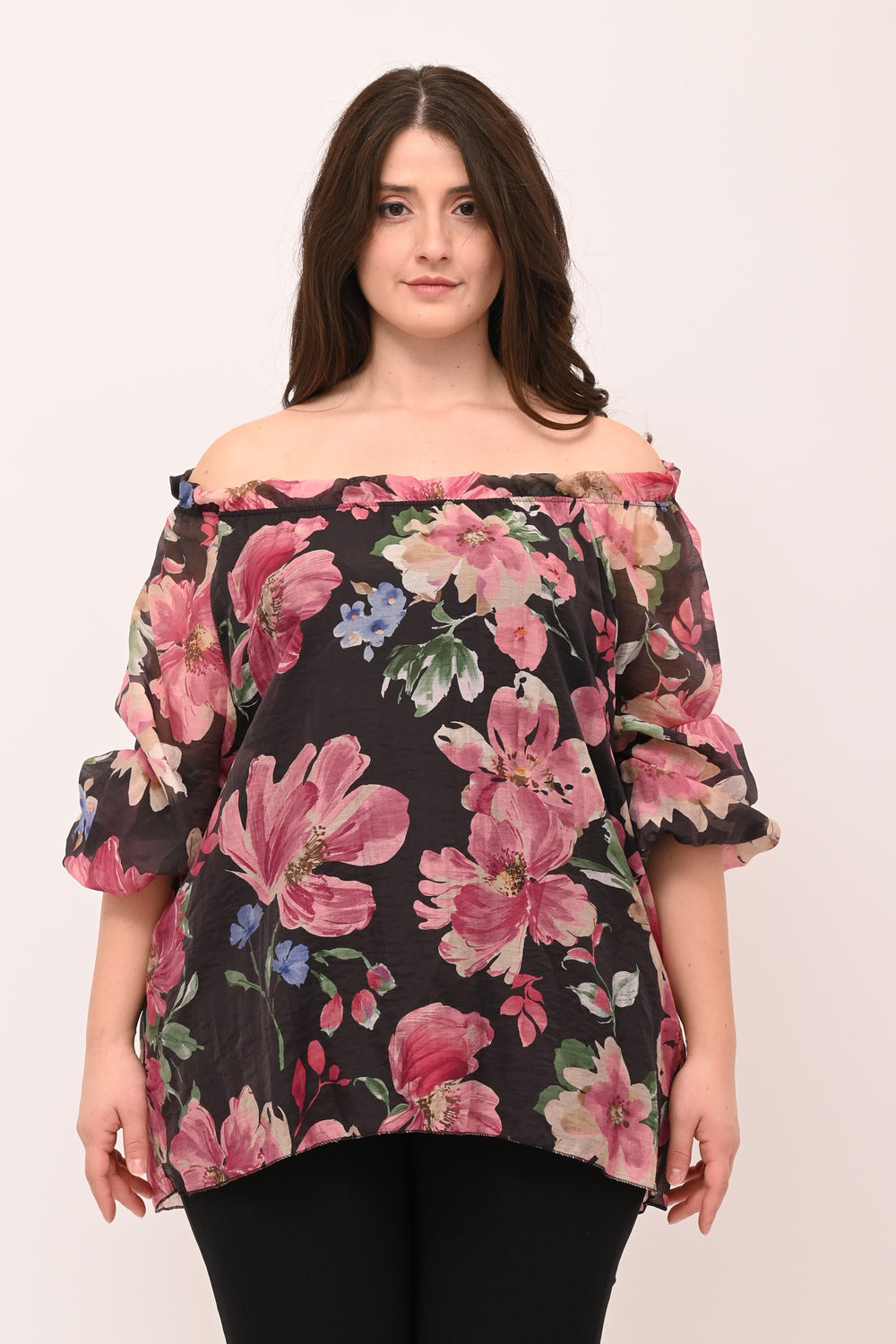 Blusa scollo carmen fiori - Nero